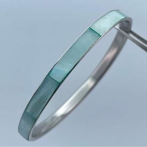 Stainless Steel Bangle Bracelet with Green Shell Inlay – Size 7.5